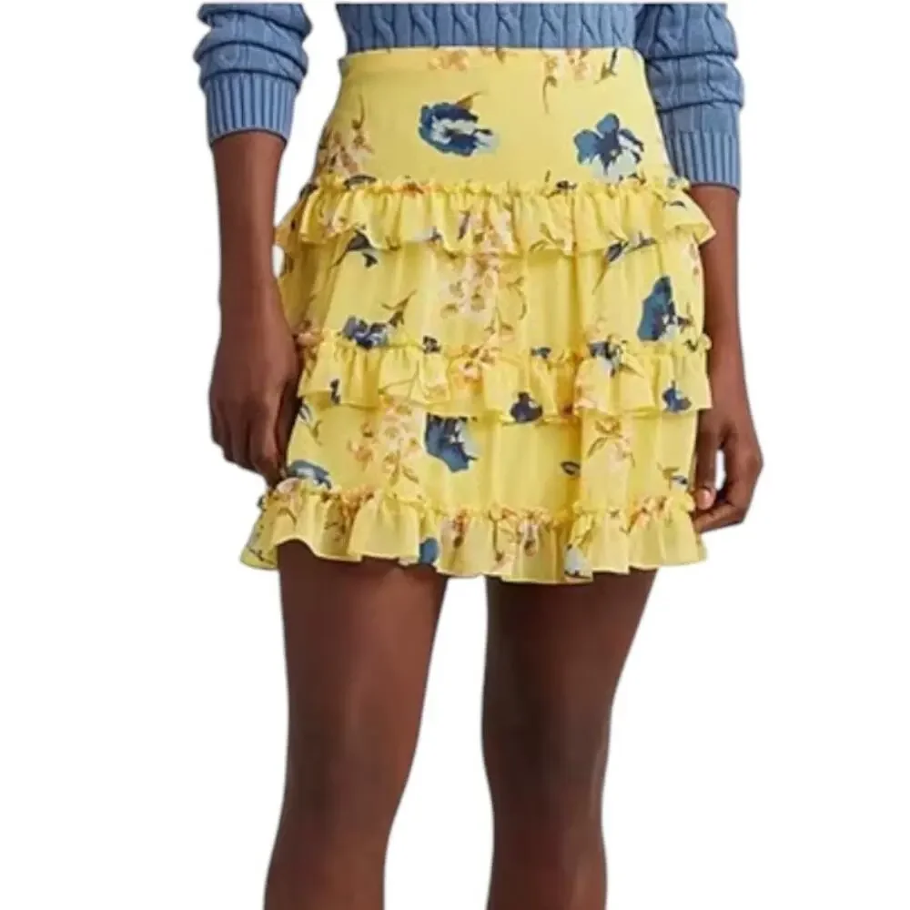 Lauren Ralph Lauren skirt floral ruffle trim georgette a line miniskirt size 8 - Picture 1 of 5